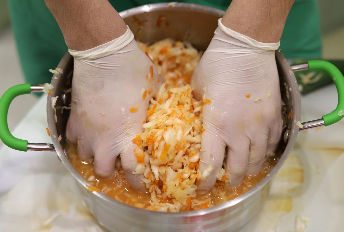 A person mixing spices into shredded cabbage
