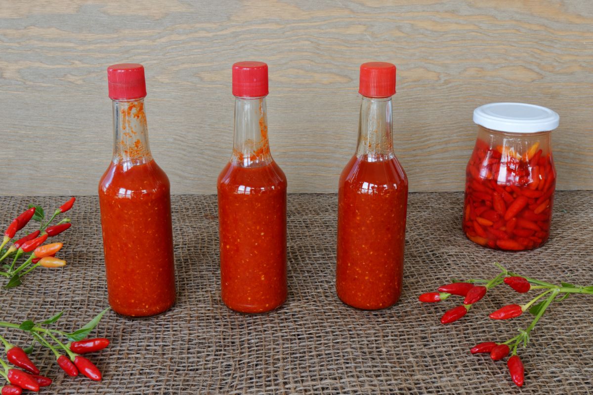 Bottles of homemade pepper sauce