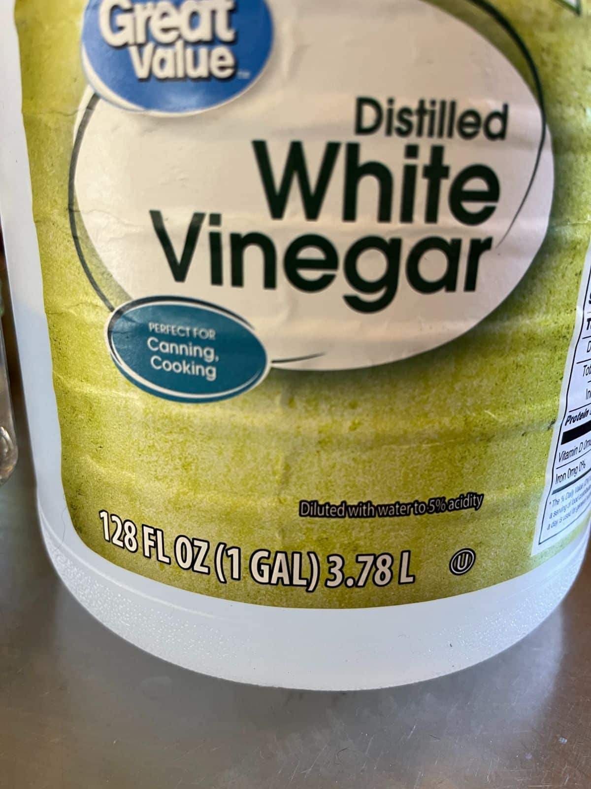 A gallon of 5% white vinegar labeled for canning