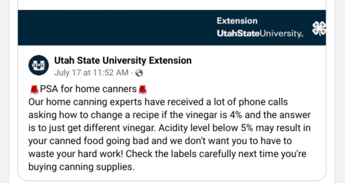 A Facebook post warning home canners to check their vinegar labels