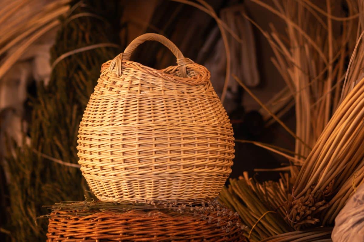 A stack of hand woven baskets