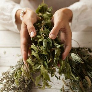 A woman holds dried herbs in her hands.