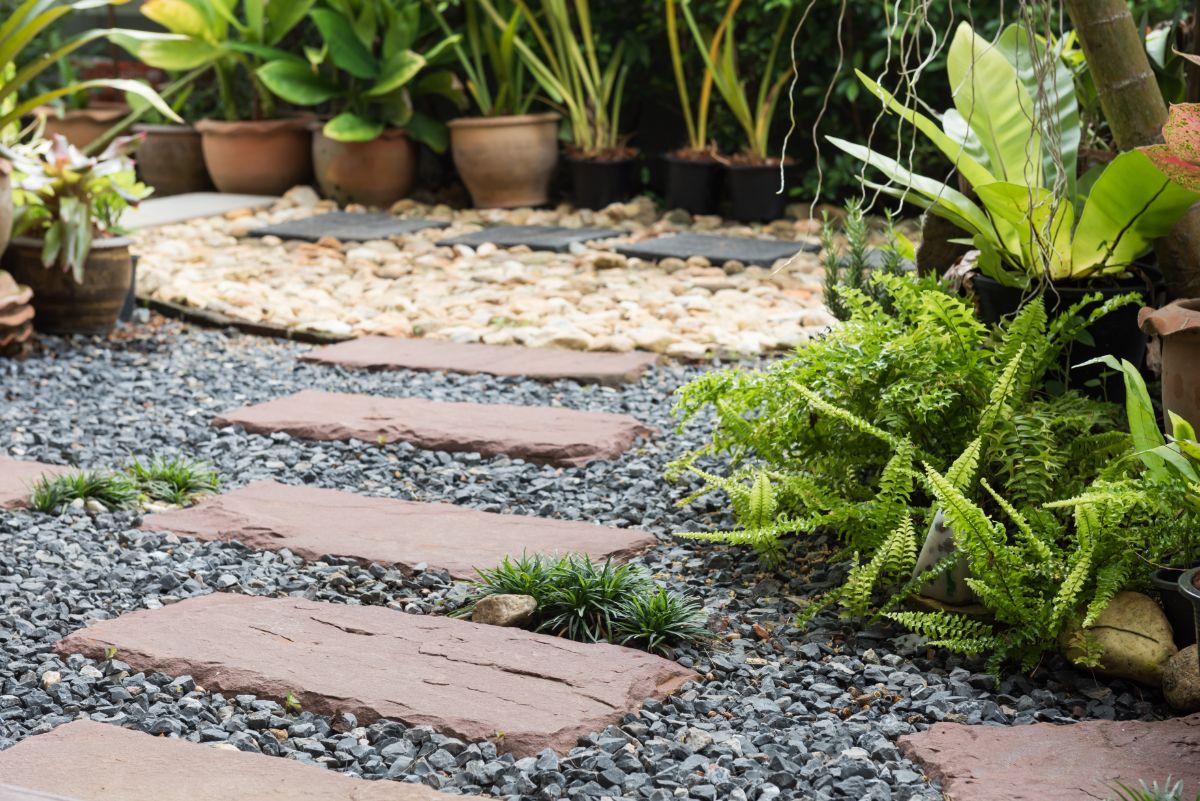 A permaculture garden incorporating stones and walkways