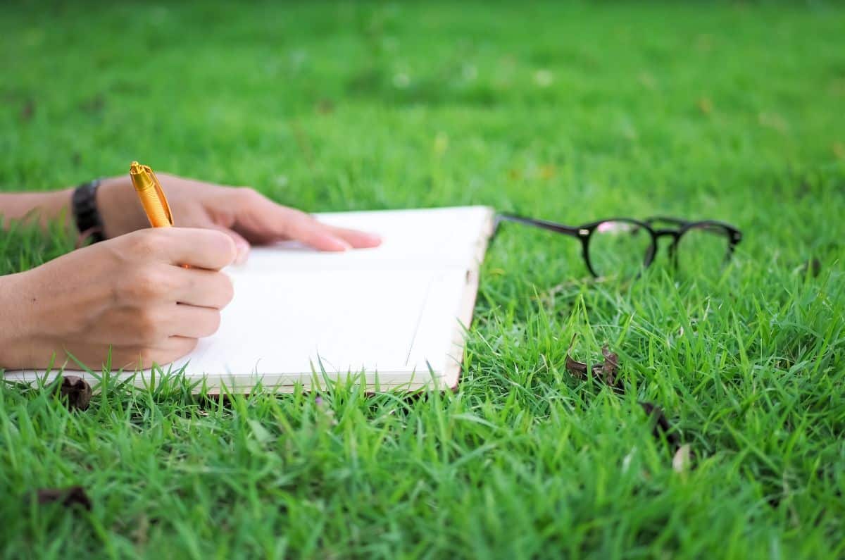 A gardener leisurely observing her garden and noting in a journal