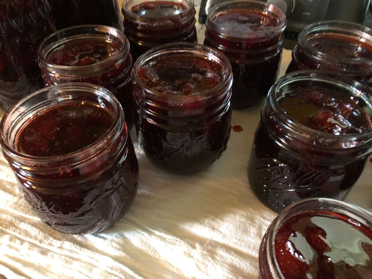 Jars of fresh homemade strawberry jam