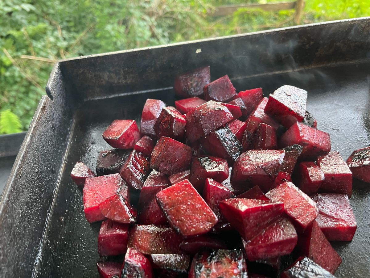 Beets roasted on a flat top grill