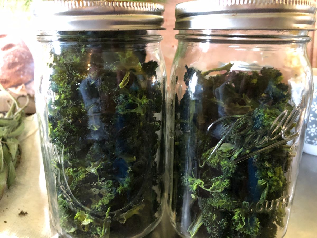 Dried broccoli stored in sealed canning jars