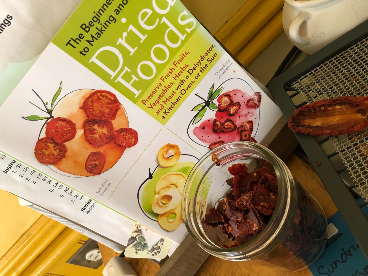 Dried tomatoes next to a dehydrating book