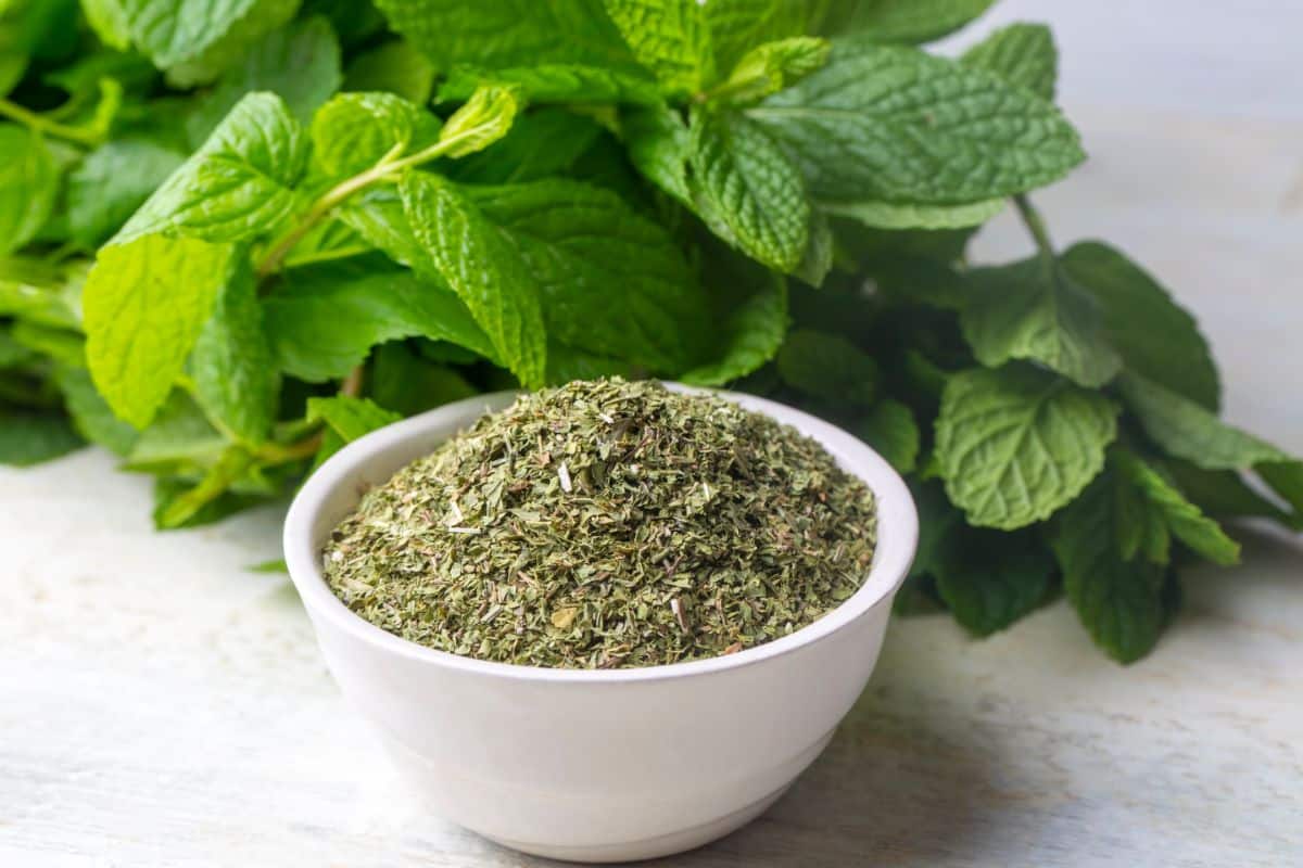 A bowl of dried mint