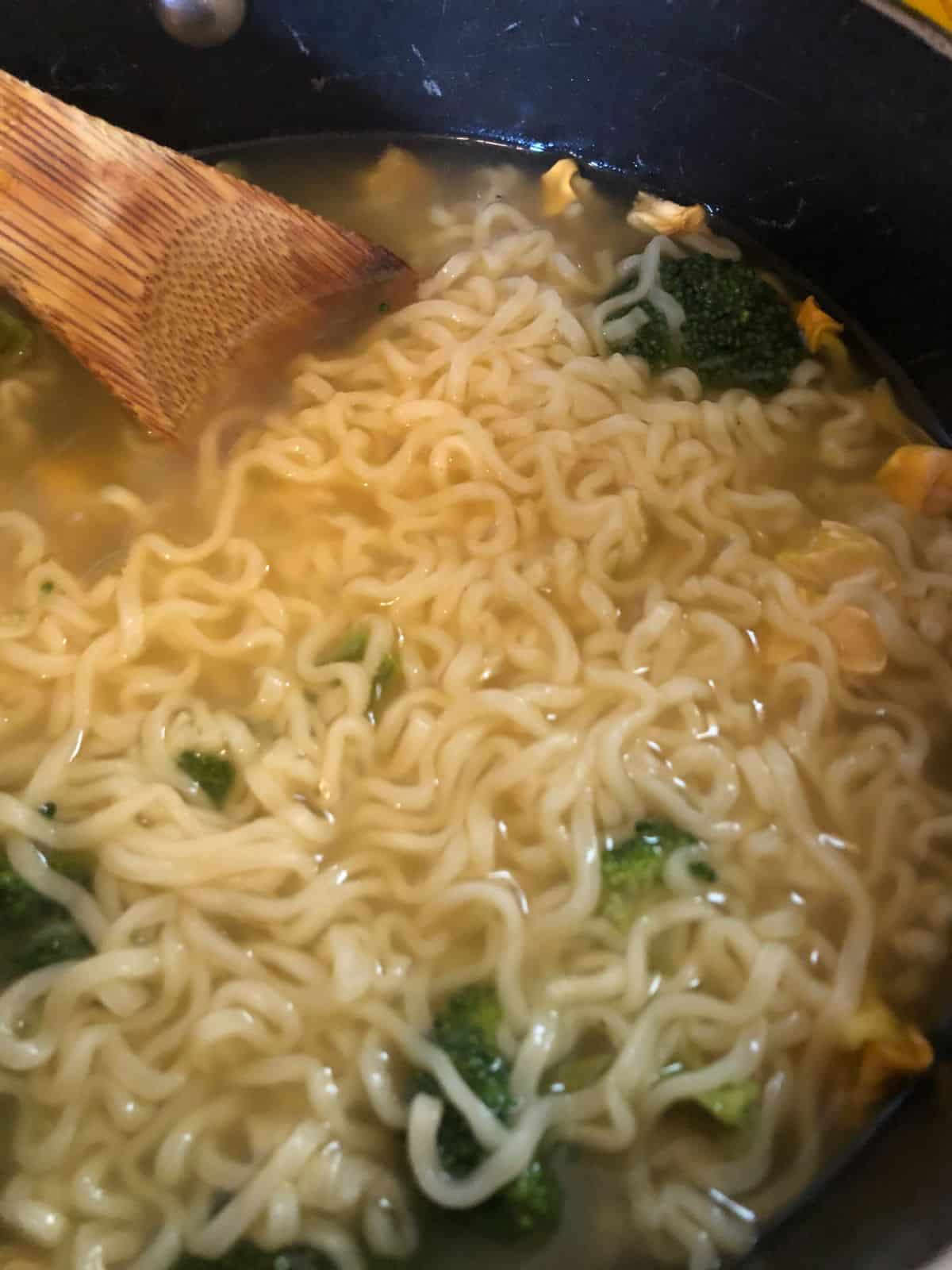 Dehydrated broccoli and summer squash in noodles