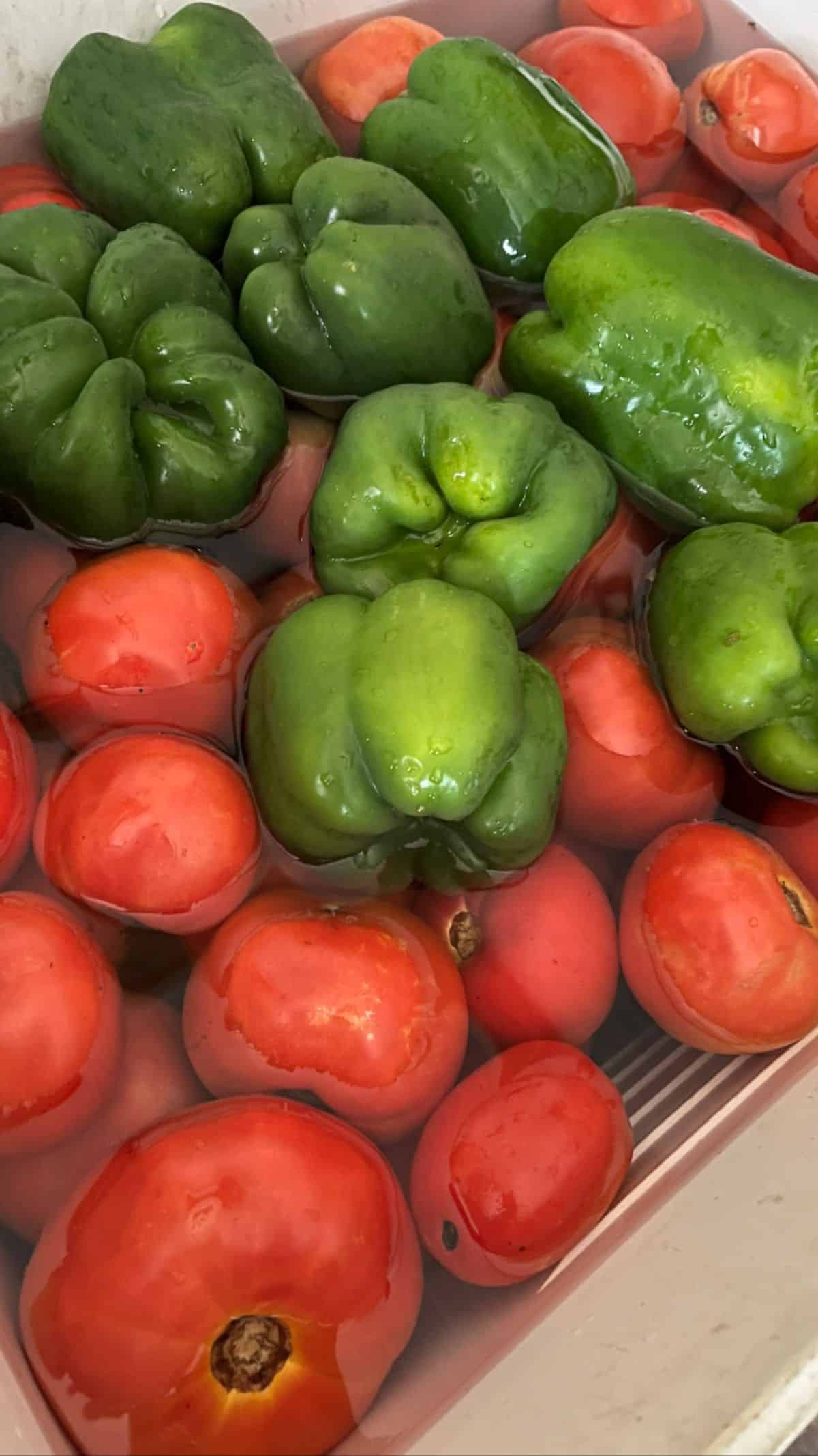 Tomatoes and peppers in water with vinegar