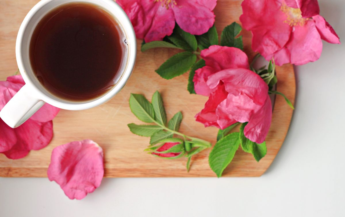 A cup of rose hip tea surrounded by rose petals