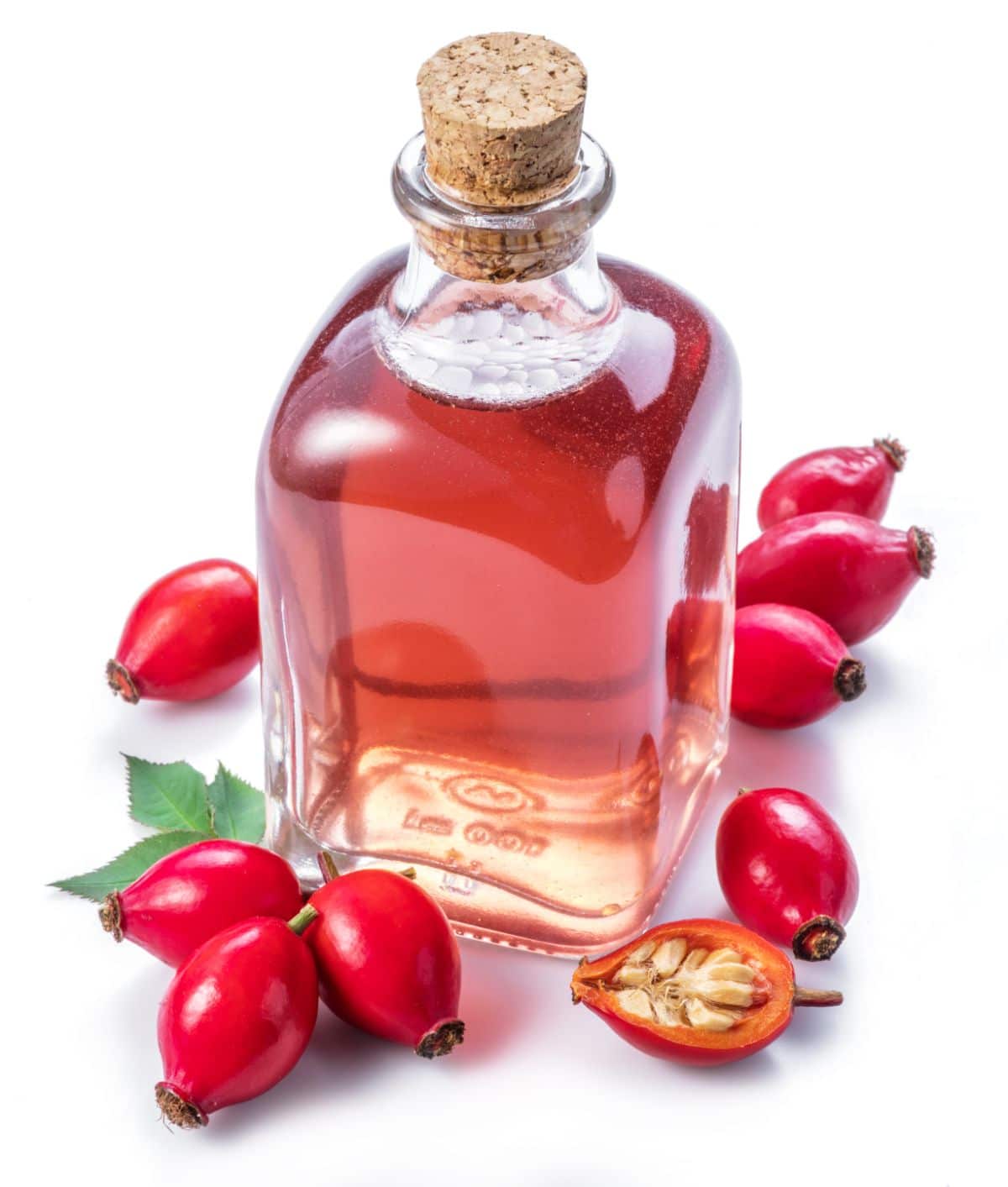 Rose hips surrounding a bottle of rose hip syrup