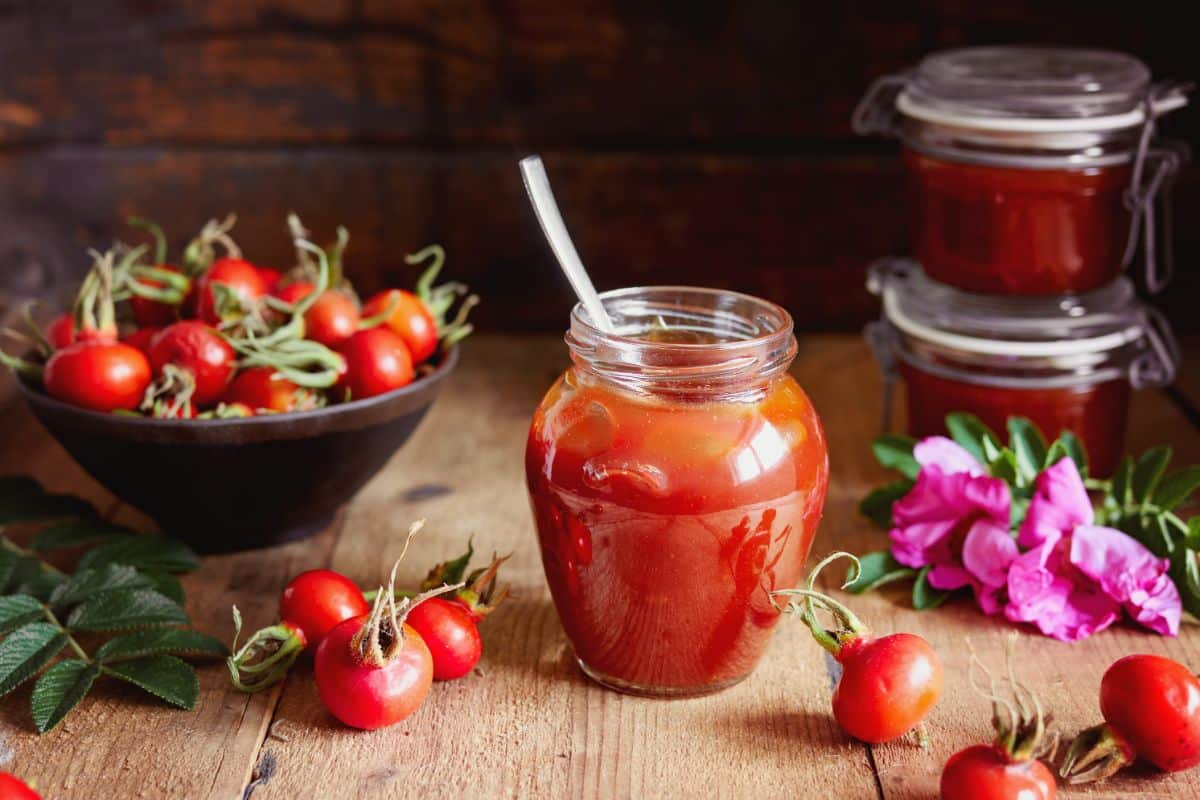 A jar of rose hip jelly made from juice