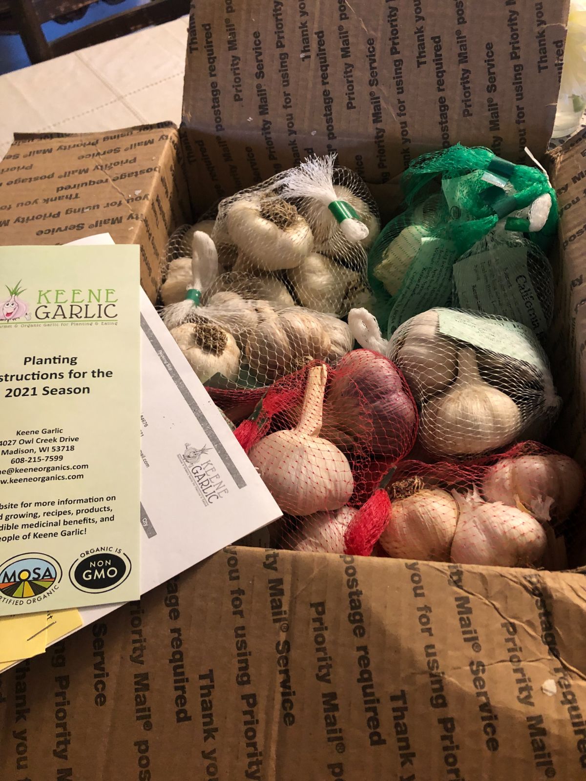 A boxed order of seed garlic from a garlic seed company