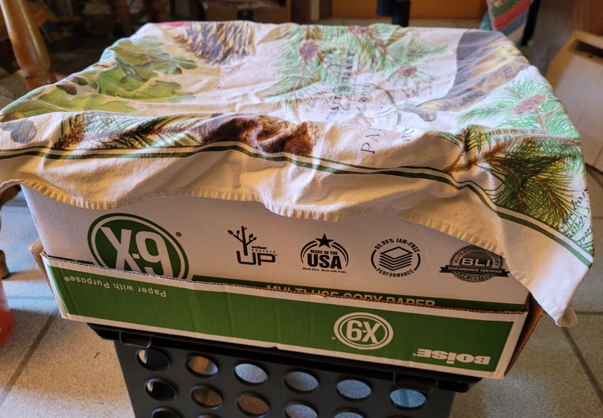 A cardboard box compost system elevated and covered with a tea towel