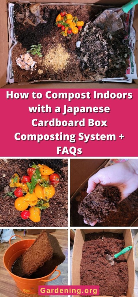 How to Compost Indoors with a Japanese Cardboard Box Composting System + FAQs pinterest image.