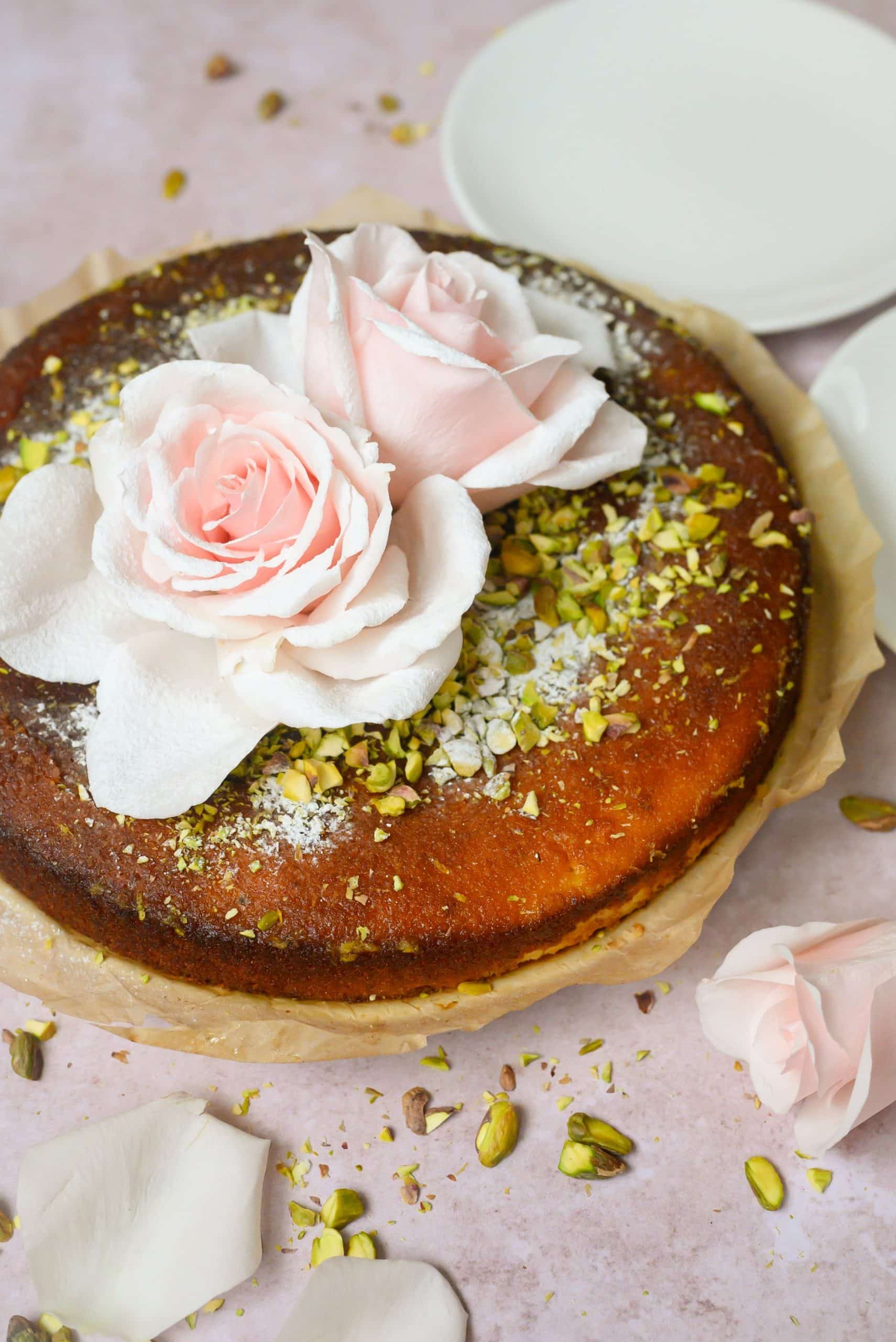 An orange cardamom pistachio rosewater cake from the Middle East