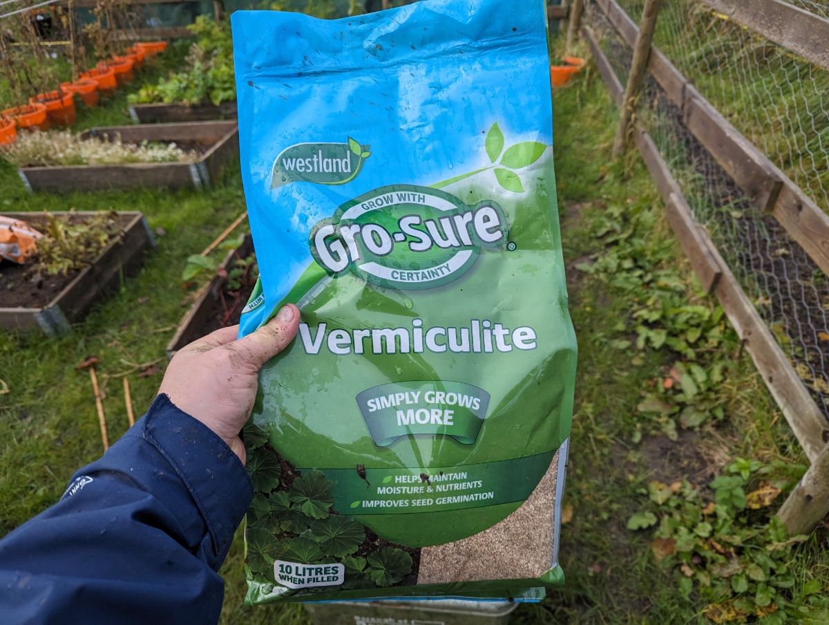 A bag of vermiculite for storing dahlia tubers