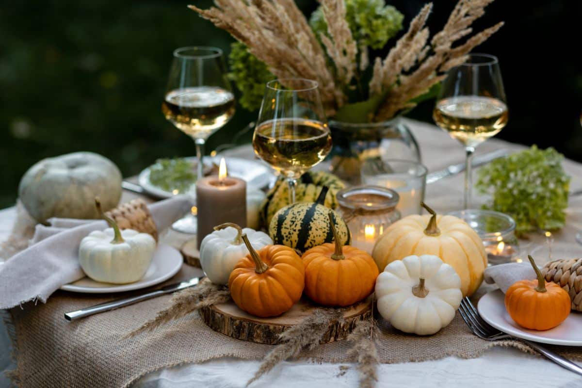 Small pumpkins decorate a harvest table