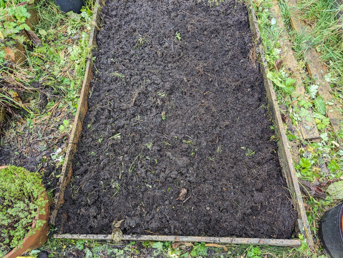 Compost layered on top of a garden bed