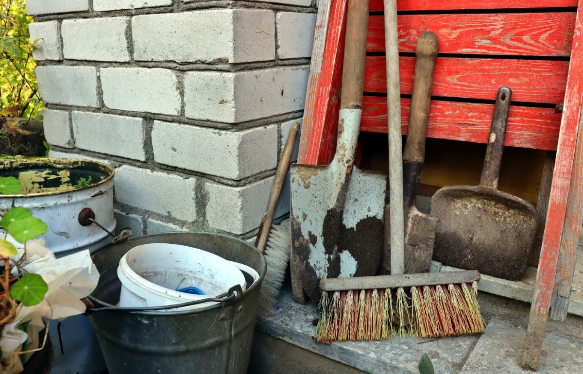 Garden tools cleaned and stored in the fall