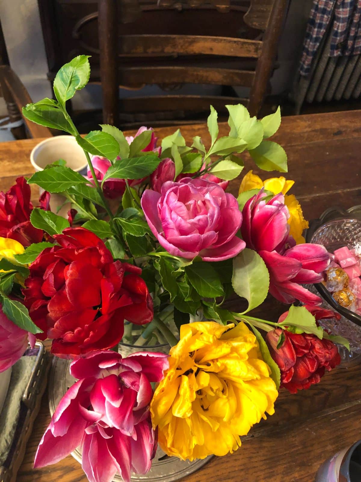 A vase of peony tulips