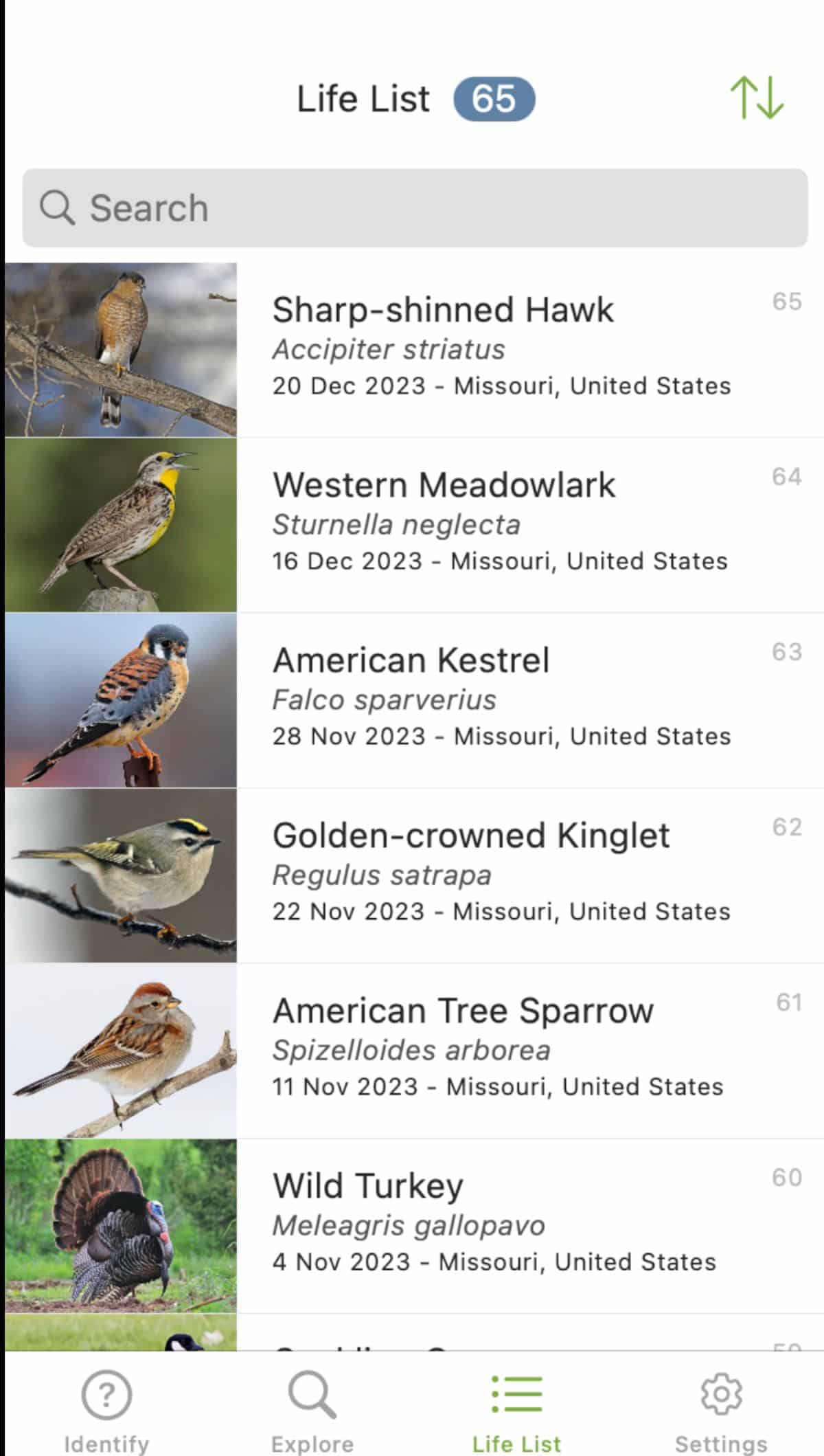 A Life List of spotted birds on the Merlin app