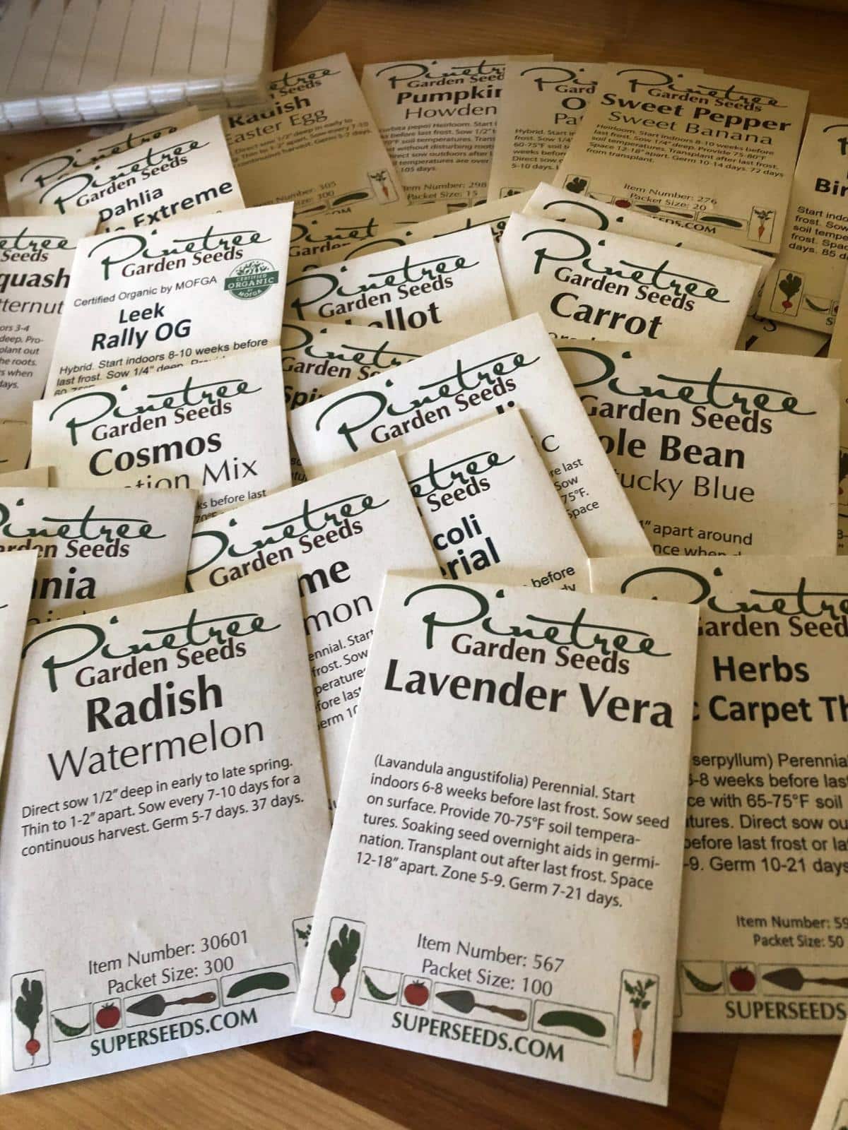 Packets of seeds with instructions listed