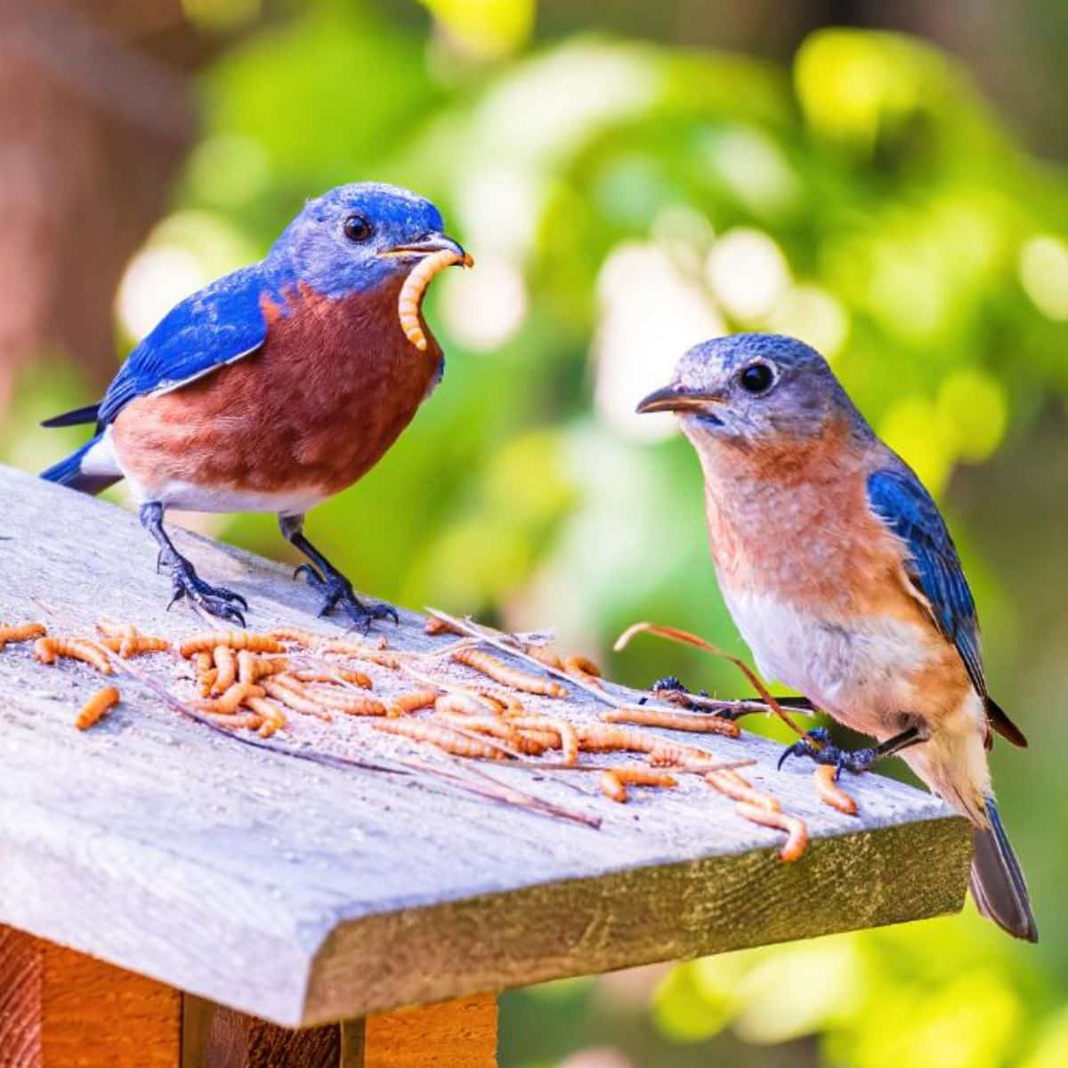 Two bluebirds are eating mealworms on the top of a birdhouse.