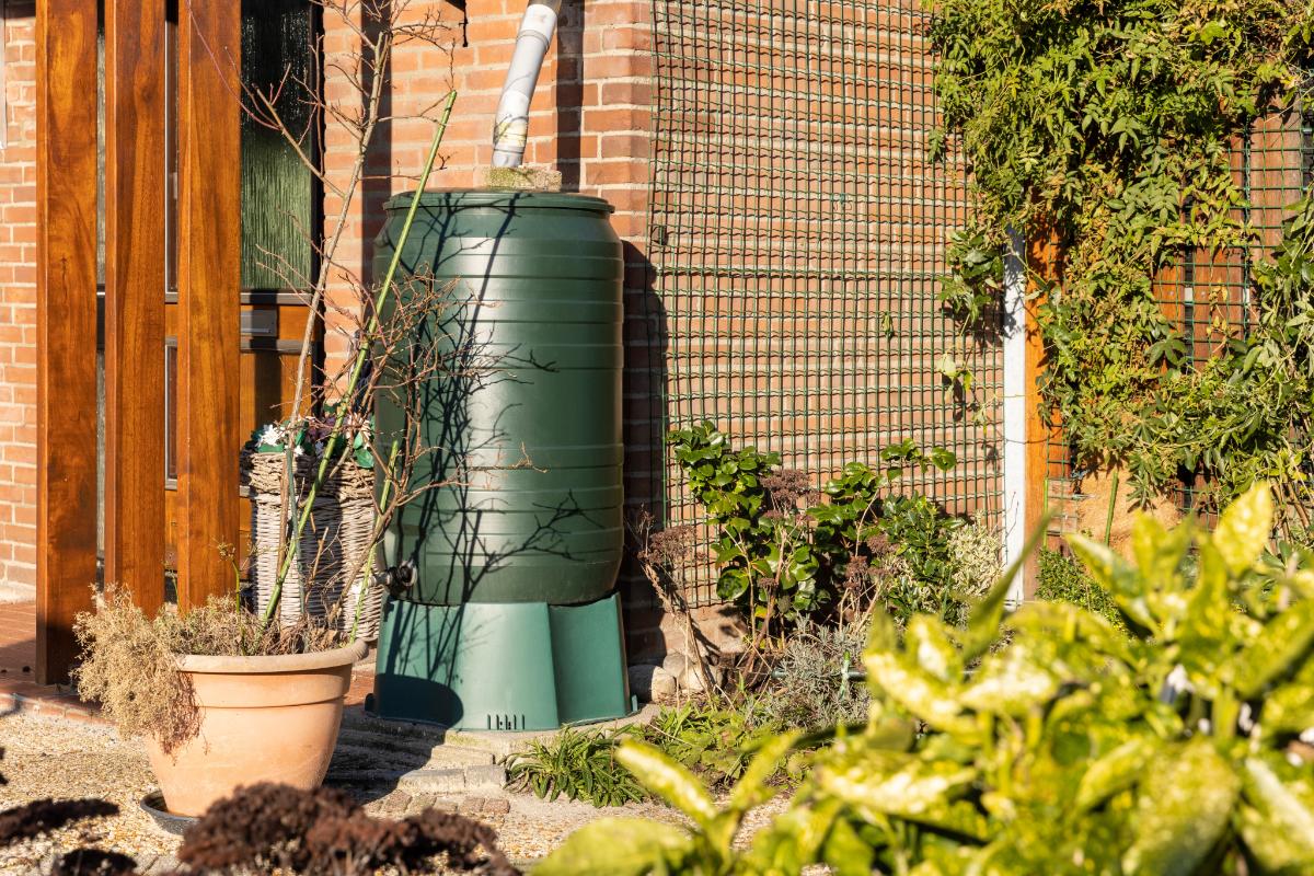 A rain barrel near a house