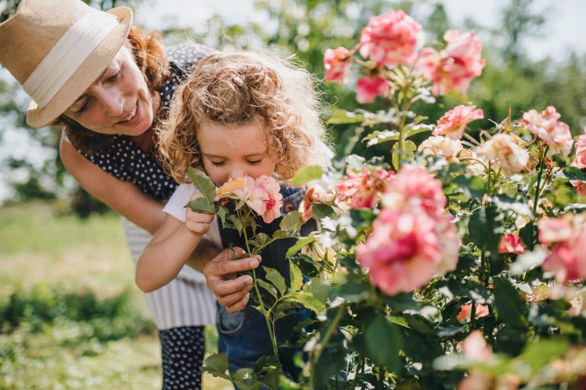 A mother and daughter stop to smell roses