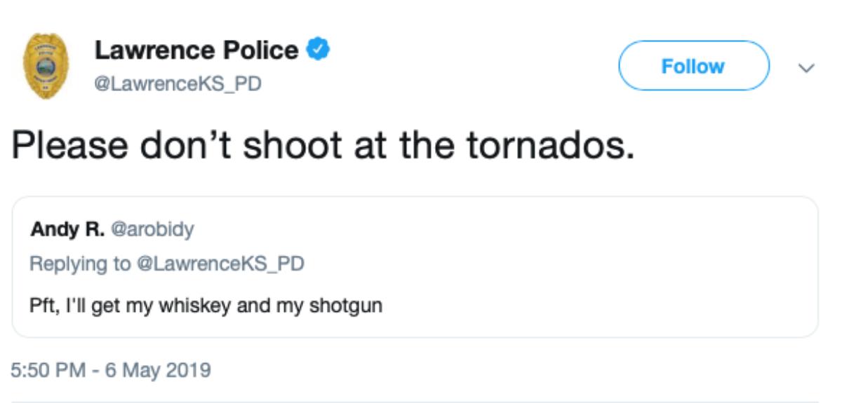 Facebook post about shooting into tornadoes