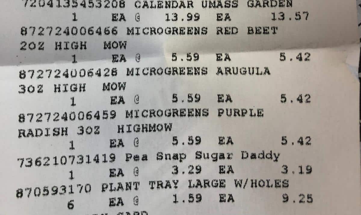 Receipt showing prices of microgreens seeds