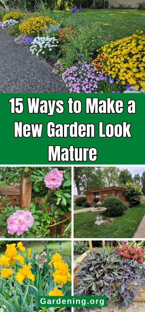 15 Ways to Make a New Garden Look Mature: Make Your New Landscape Look Like It’s Been Growing for a Long Time pinterest image.