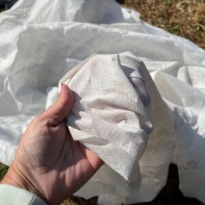 A gardener is holding a garden frost fabric.