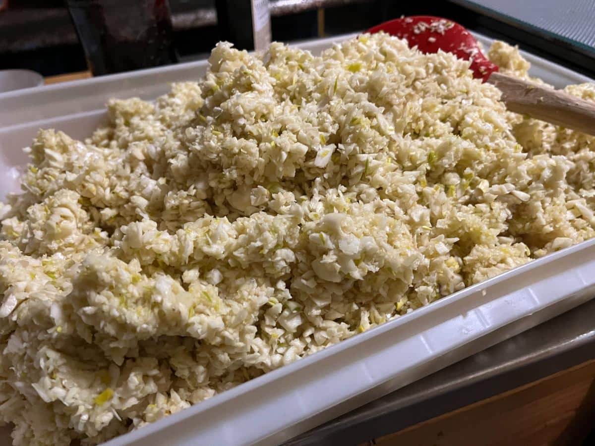 Pile of chopped garlic for drying