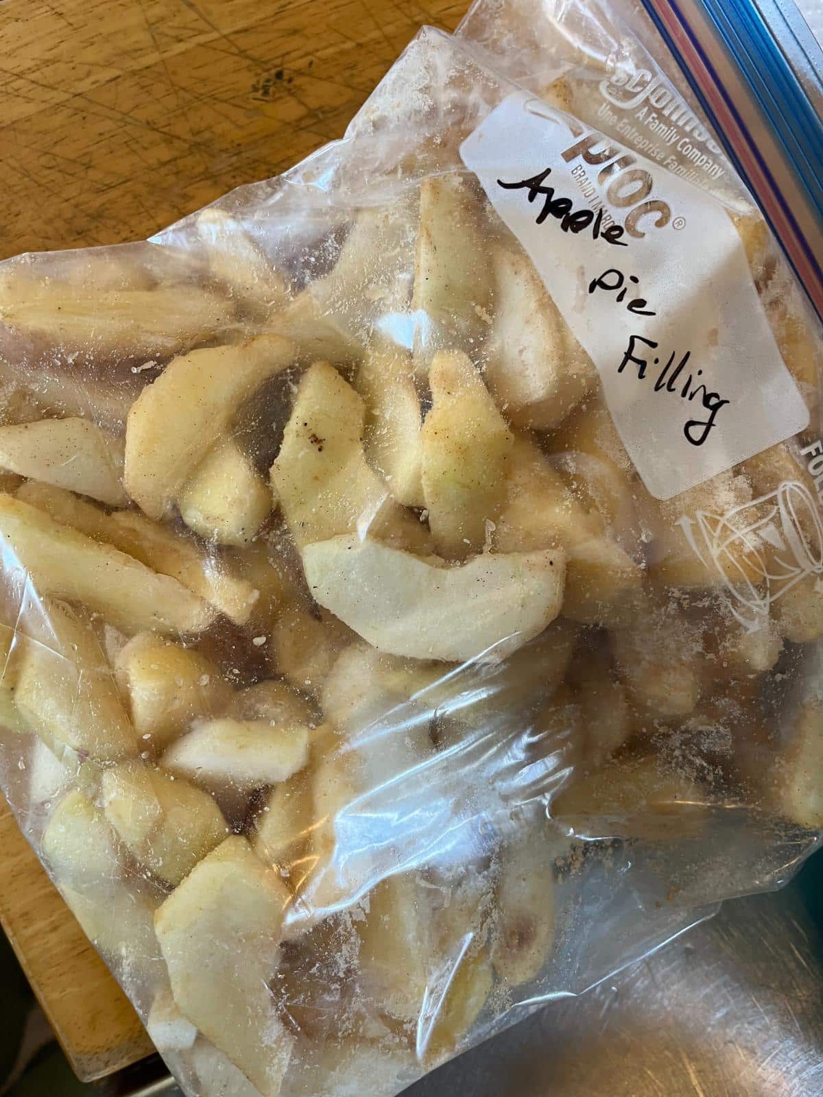 Labeled prepared apple pie freezer filling