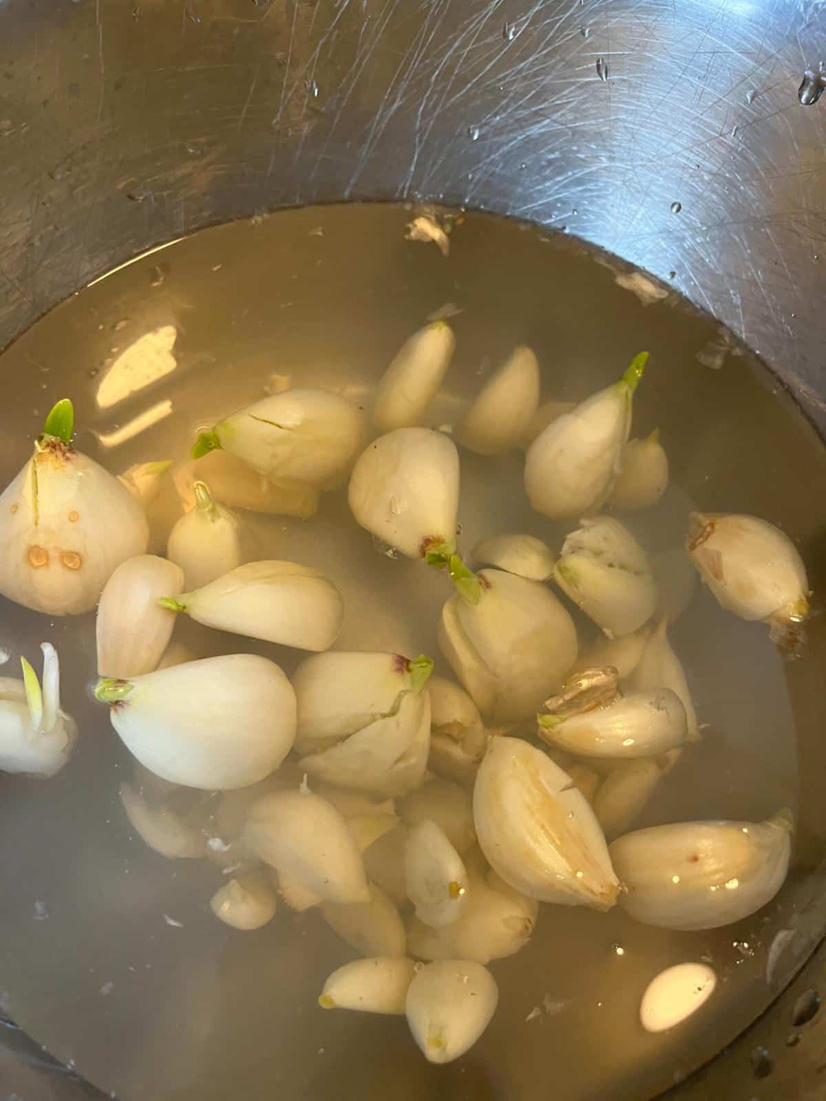 Cleaning peeled cloves of garlic