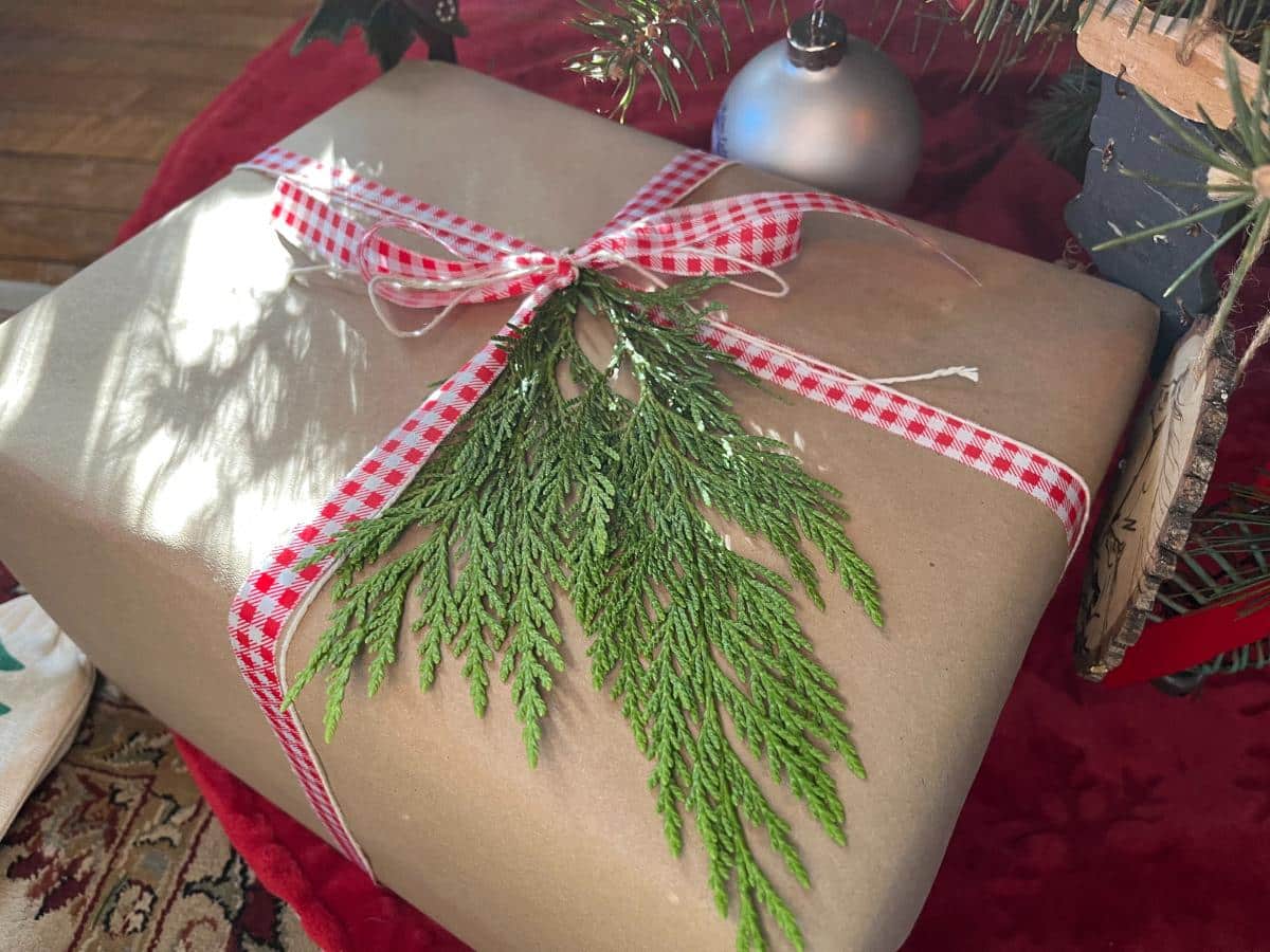 A paper wrapped present with evergreen trimmings in place of bows