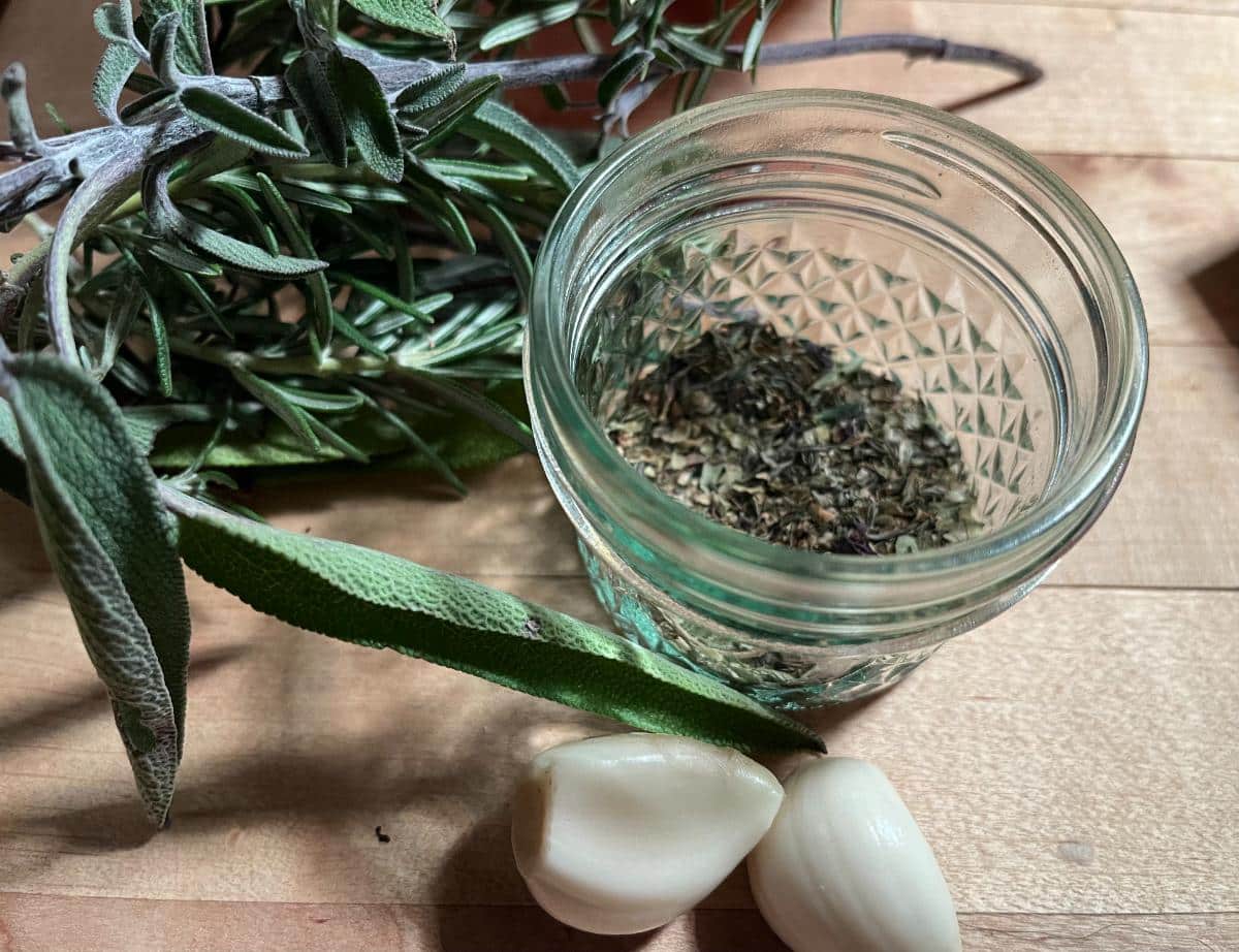 Herbs and garlic for garlic herb cream cheese spread