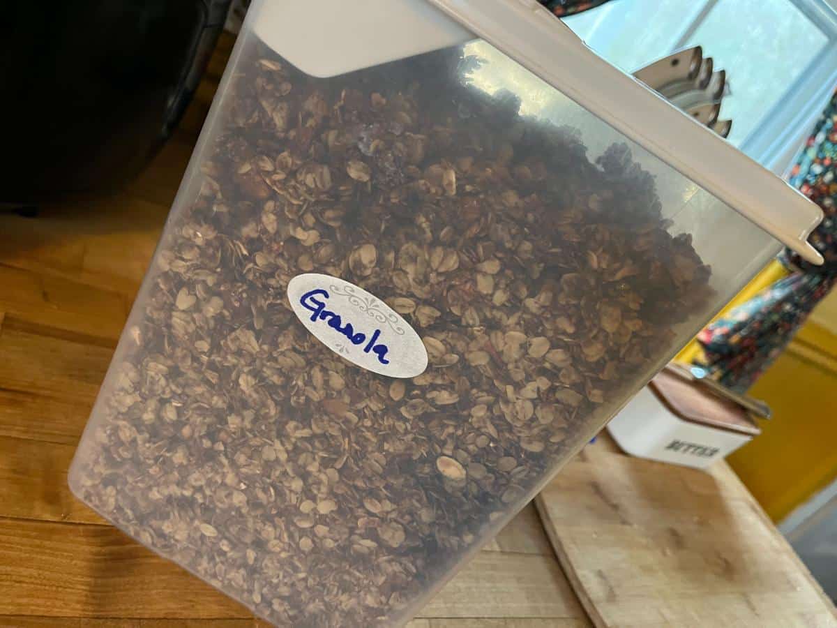 Granola stored in a Tupperware cereal container