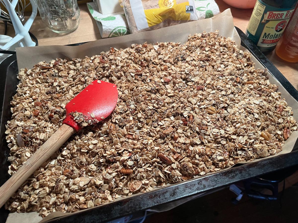 Granola on a baking sheet