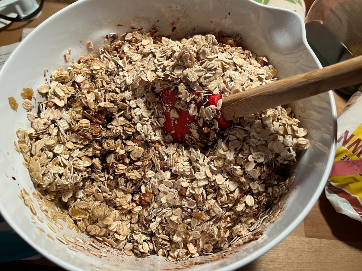 Stirring granola mix for homemade granola