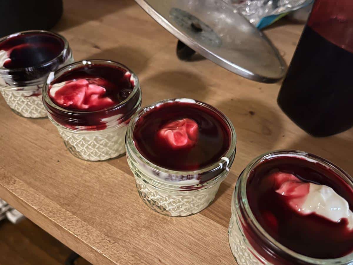 Homemade yogurt flavored with elderberry syrup