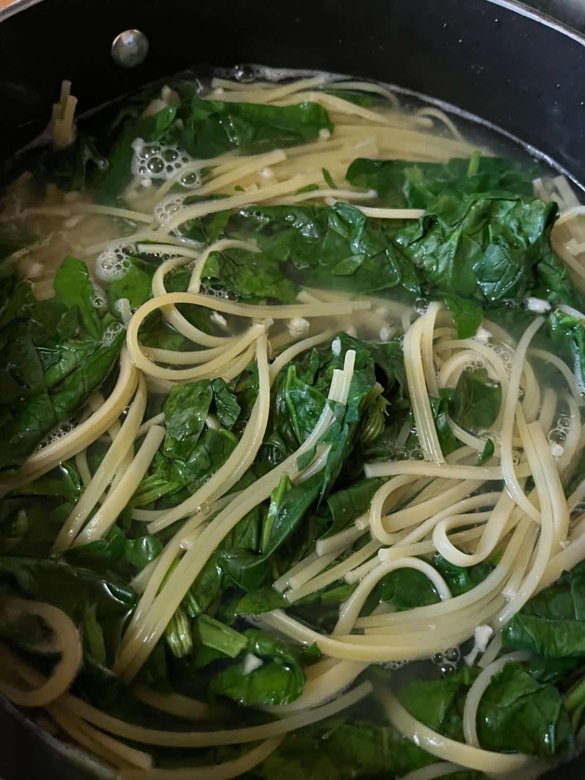 Rehydrated spinach in a pasta dish