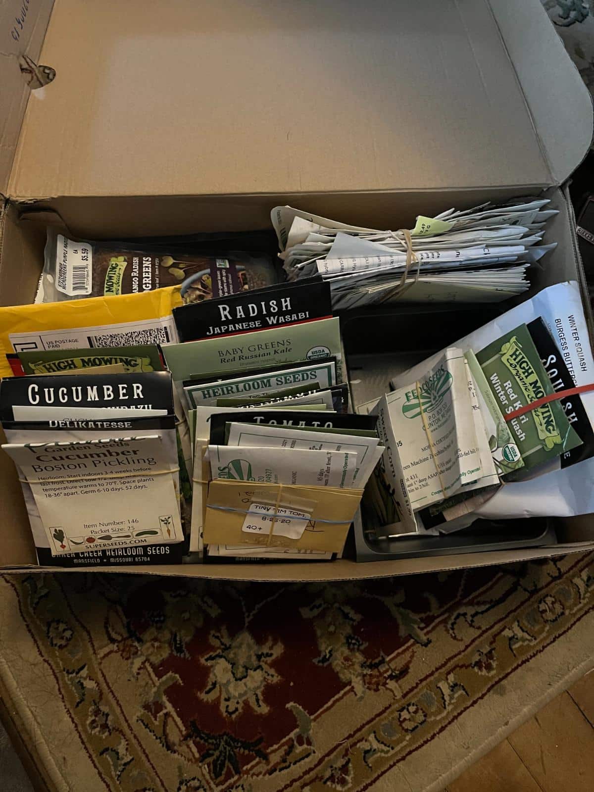 Box of old garden seed