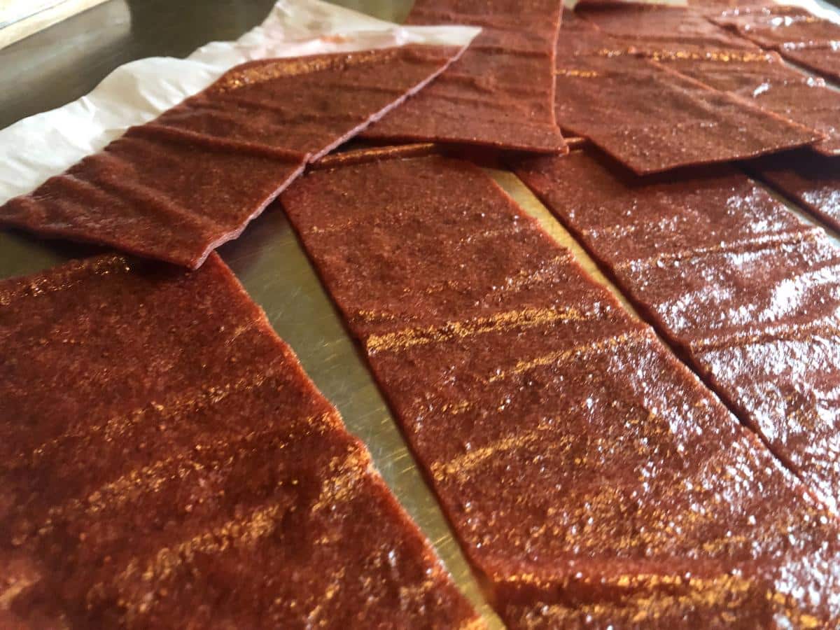 Fruit leather made from frozen strawberries