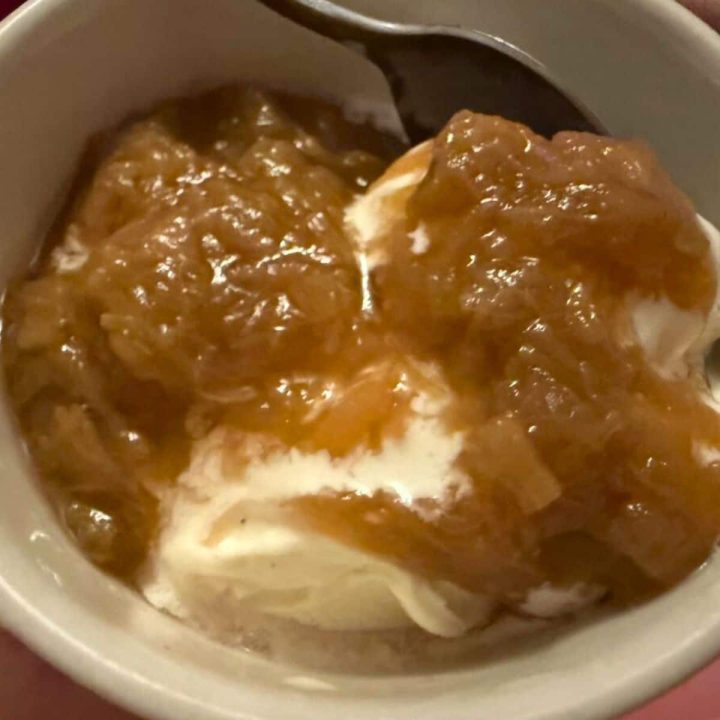Easy Homemade Rhubarb Sauce in the Slow Cooker on the top of ice cream.