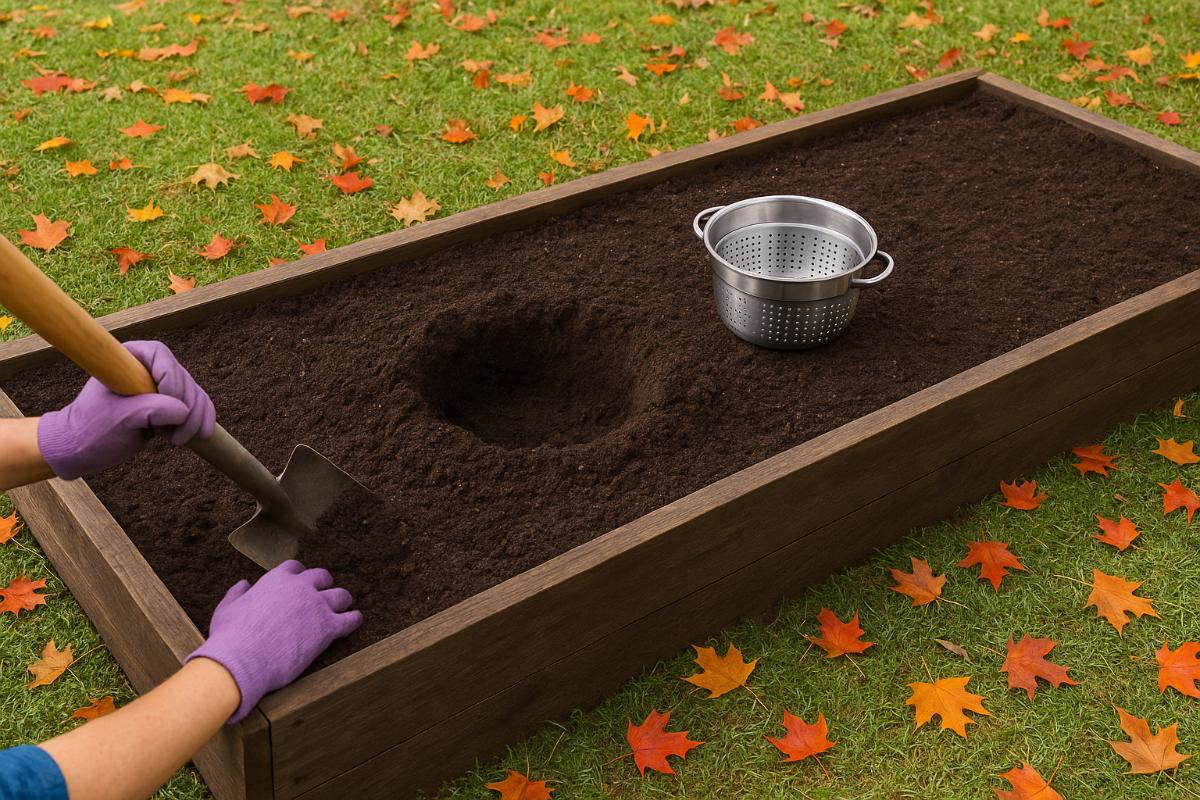 using a strainer in the garden for a compost bin
